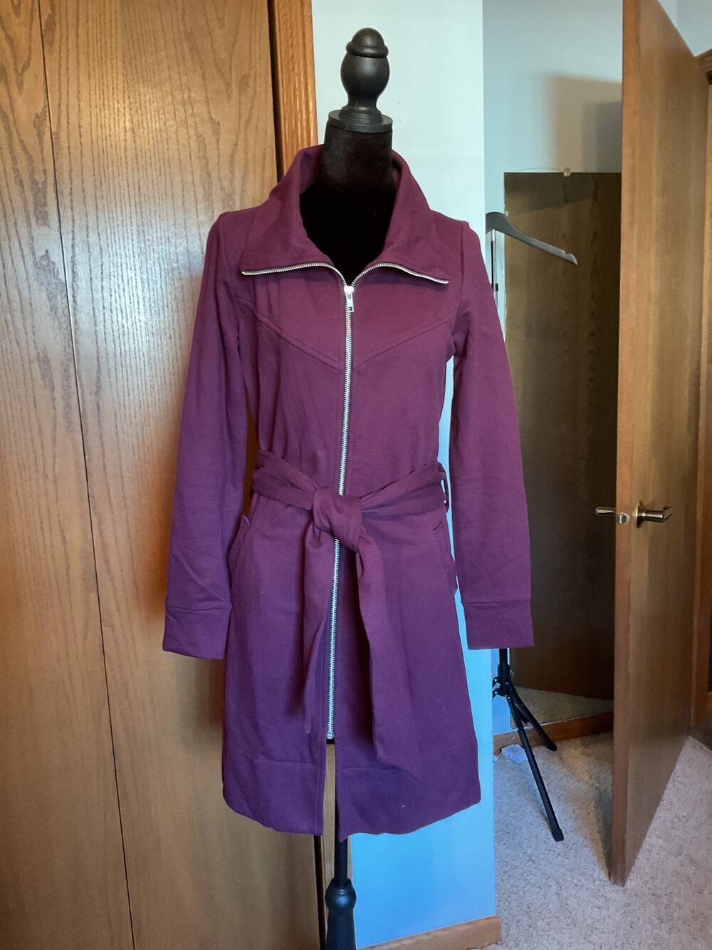 Synergy Organic Clothing Full Zip Tie Belt Wrap Jacket Maroon Organic Cotton Sm